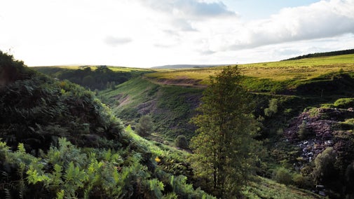 A view over a rocky and grassy valley at Hardcastle Crags on a cloudy day